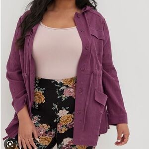 Torrid Embroidered Anorak Plum Gauzy Hooded Lightweight Waist Tie Blouse Sz 14